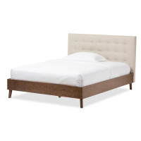 Baxton Studio BBT6557-Queen-Light Beige Alinia Mid-century Retro Walnut Wood Queen Size Platform Bed